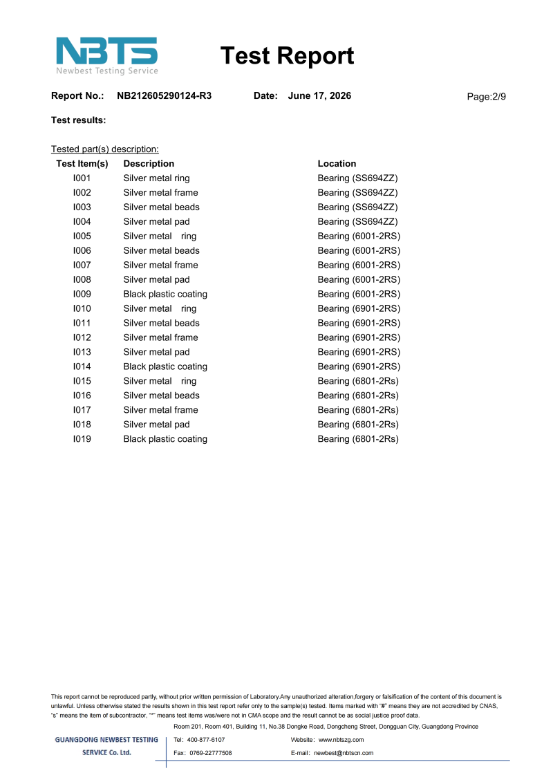 2026 Test Parts Result of Wolee bearing 6001-2RS,6801-2RS,6901-2RS and SS694ZZ